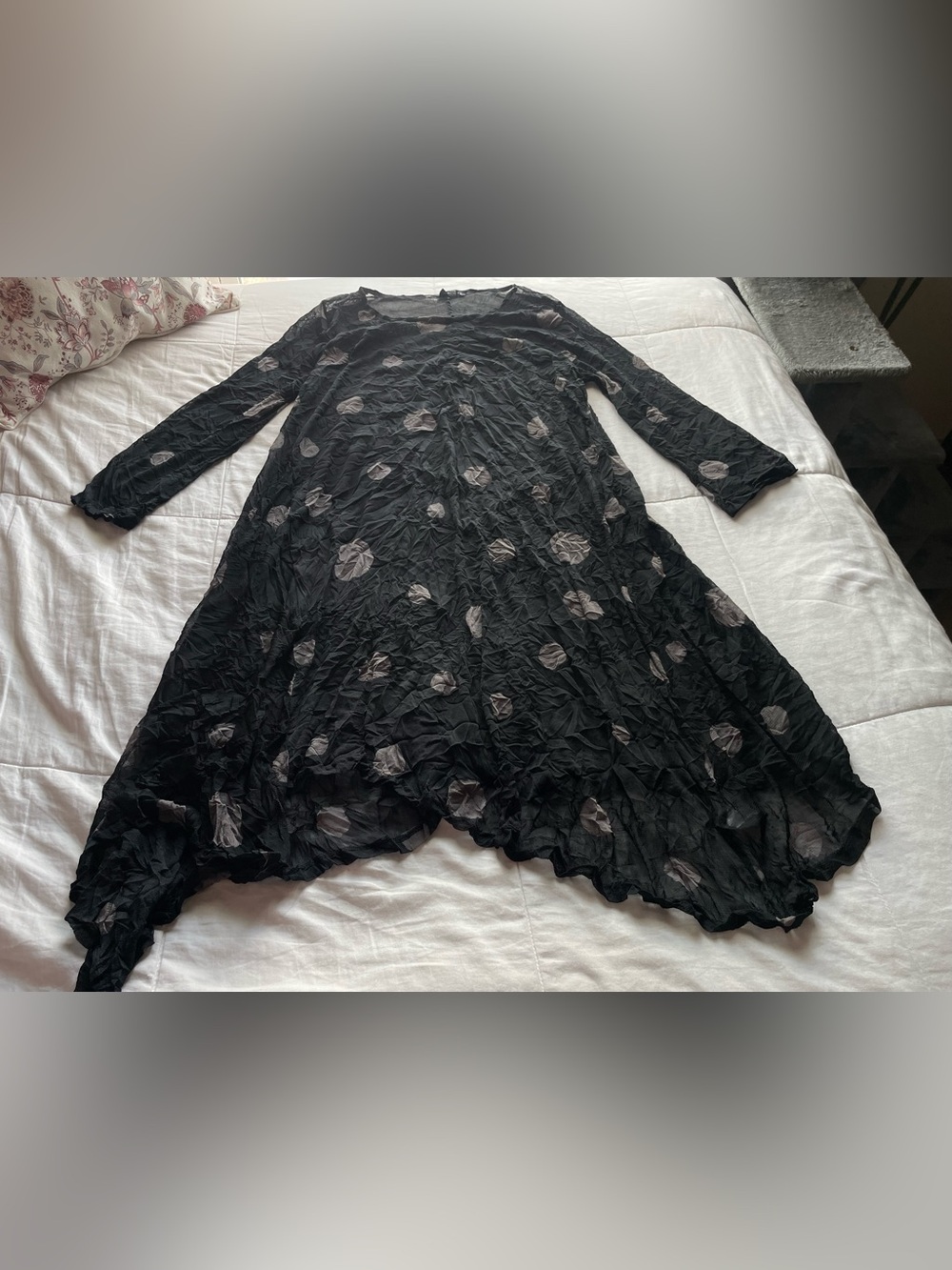 Lisa Bayne Black Polka Dot Crinkle Sheer Mesh Quarter Sleeve Swing Dress Large